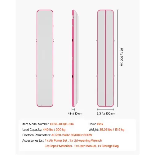 VEVOR Aufblasbare Gymnastikmatte 600x100x10 cm Airtrack-Turnmatte für Training, Wettkampfsport & Yoga, mit Rutschfester Oberfläche, 600-W-Elektroluftpumpe, Reparaturflicken, Düsen & Tasche, Pink – Bild 6