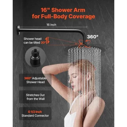 VEVOR Duscharmatur Regenduschsystem fürs Badezimmer Duschsystem mit 254 mm runden Regenduschkopf & Handbrause, wandmontierte Badezimmerarmaturen mit Messingventil & Zierset, Mattschwarz – Bild 3
