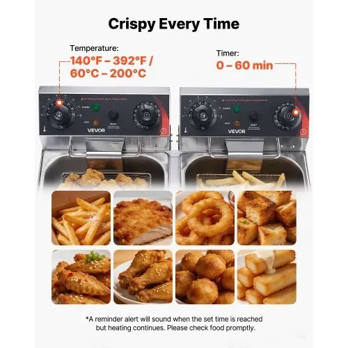 VEVOR Gewerbliche Elektrische 2-Becken-Fritteuse 14 L, 5000 W Edelstahl-Tischfritteuse mit Frittierkörben, Deckeln, Temperaturregelung, Timer und Überhitzungsschutz, für Restaurant, Imbiss, Küche – Bild 5