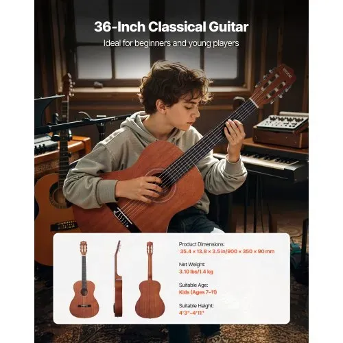 VEVOR Konzertgitarre, 900 mm, Klassikgitarren-Starterset für Anfänger, mit Nylonsaiten, Gigbag, Gurt, Stimmgerät, zusätzlichen Saiten, Plektren, Kapodaster, Sapeli & Palisander, Natur – Bild 4