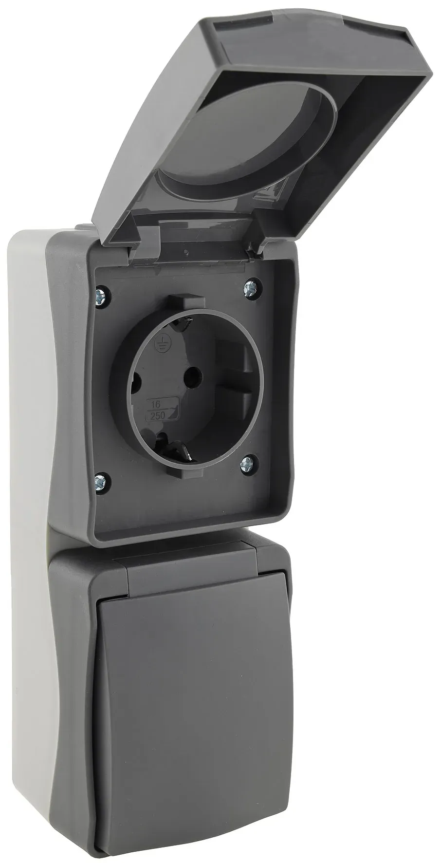 NUQUI Feuchtraum Doppel-Steckdose verti. IP54, Aufputz, 250V~/ 16A NUQUI Feuchtraum Doppel-Steckdose verti. IP54, Aufputz, 250V~/ 16A