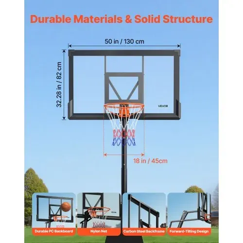 VEVOR tragbarer Basketballständer, max. 3,05 m höhenverstellbarer (manuell) Basketballkorb, Basketballanlage mit 130 cm PC-Rückwand, Basketballkorsystem Backboard-Set für Terrassen Schulen – Bild 3