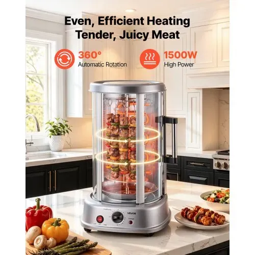 VEVOR Vertikaler Dönergrill 11,5 L 1500 W Gyrosgrill Kebab Shawarma Silber für Kleine Haushalte, 190 °C Maximaltemperatur, Timer 0–60 Minuten, Sicherheitsglastür, Tropfschale, Drehgabeln und Spieße VEVOR Vertikaler Dönergrill 11,5 L 1500 W Gyrosgrill Kebab Shawarma Silber für Kleine Haushalte, 190 °C Maximaltemperatur, Timer 0–60 Minuten, Sicherheitsglastür, Tropfschale, Drehgabeln und Spieße