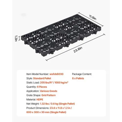 VEVOR 6x Kunststoffpaletten 600x300x30 mm, Nestbare Leichtpaletten mit 1000 kg/㎡ Statischer Traglast, Industriepaletten mit Gitterstruktur Schnappverbindung, Bodenpaletten für Lager Garage Supermarkt – Bild 6