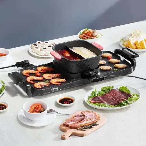 VEVOR Hot Pot 2300 W 2 in 1 elektrischer rauchfreier Grill abnehmbarer Shabu-Shabu-Topf mit Antihaft-Pfanne, separate doppelte Temperaturregelung, koreanischer Indoor BBQ Grill für 1–6 Personen – Bild 7