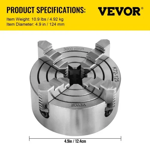 VEVOR K72-125 Drehfutter 5 Zoll 4-Backen, Drehfutter unabhängige umkehrbare Backe, Metalldrehfutter Drehmaschinenzubehör, für Drehmaschinen – Bild 6