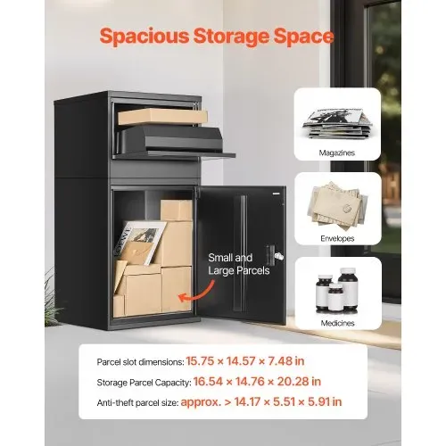VEVOR Paketbriefkasten 500x398x980mm, Paketkasten mit Schloss, Paketbriefbox aus verzinktem Stahl mit Diebstahlschutz-Design, Packstation für Zuhause und das Büro, Schwarz – Bild 3