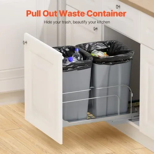 VEVOR ausziehbarer Mülleimer (27 Qt x 2), doppelter Unterbau-Küchenabfallbehälter, Mülleimer mit Türsatz & Soft-Close-Schieberegler, für Küchenschrank Spüle unter der Theke (grau) VEVOR ausziehbarer Mülleimer (27 Qt x 2), doppelter Unterbau-Küchenabfallbehälter, Mülleimer mit Türsatz & Soft-Close-Schieberegler, für Küchenschrank Spüle unter der Theke (grau)