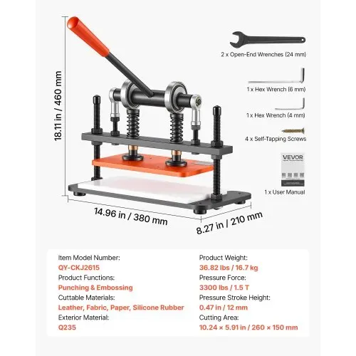 VEVOR Leder Stanzmaschine 260x150 mm Lederschneidemaschine Lochmaschine, Handpresse zum Prägen & Stanzen von Leder Stoff Papier Silikon 1,5 t Druck 12 mm Hub Stahlkonstruktion Zwei Führungswellen – Bild 6