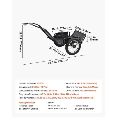 VEVOR Fahrradanhänger Lastenanhänger Transportanhänger für Offroad 145 kg, Kohlenstoffstahl & PVC-Netzgewebe, Mit 8 Reflektoren, Faltbares Design, Für 22-28 Zoll Räder, Fahrradwagen für Alle Gelände – Bild 6