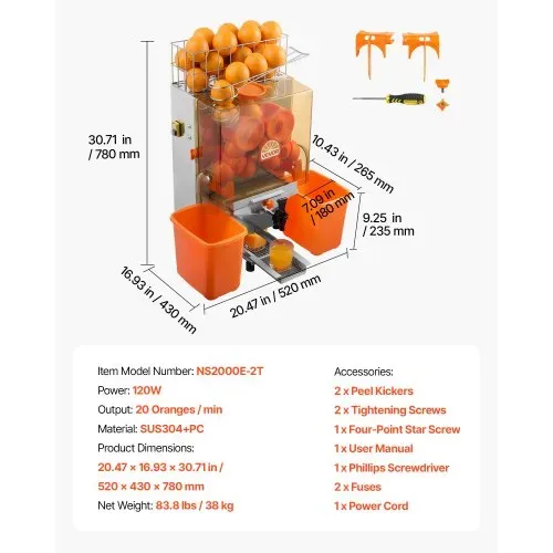 VEVOR Gewerbliche Orangenpresse Elektrische Zitruspresse 120 W Edelstahl, Saftpresse für bis zu 20 Orangen pro Minute, Entsafter für Zitronen Zitrusfrüchte mit Wasserhahn & Schalen-Auffangbehälter – Bild 6