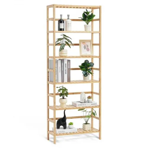 VEVOR Bücherregal mit 6 Ablagen aus Bambus, Aufbewahrungsregal, freistehender multifunktionaler Blumenpflanzenständer Aktenregal ideal für Badezimmer Schlafzimmer Büro Arbeitszimmer Naturfarbe VEVOR Bücherregal mit 6 Ablagen aus Bambus, Aufbewahrungsregal, freistehender multifunktionaler Blumenpflanzenständer Aktenregal ideal für Badezimmer Schlafzimmer Büro Arbeitszimmer Naturfarbe