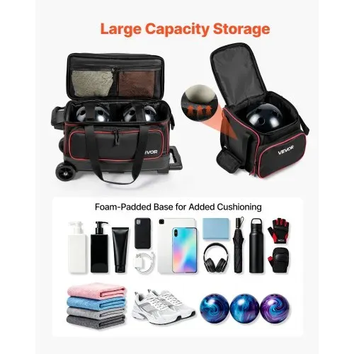 VEVOR 1 Bowlingtasche mit Rollen + 1 Bowlingtasche (Mini) für 2+1 Kugeln 600D Oxford Rot Schwarz, für Schuhe bis US-Größe 16 und Zubehör, mit Teleskopgriff (bis zu 1016 mm) und Doppellagigen Ablagen – Bild 4