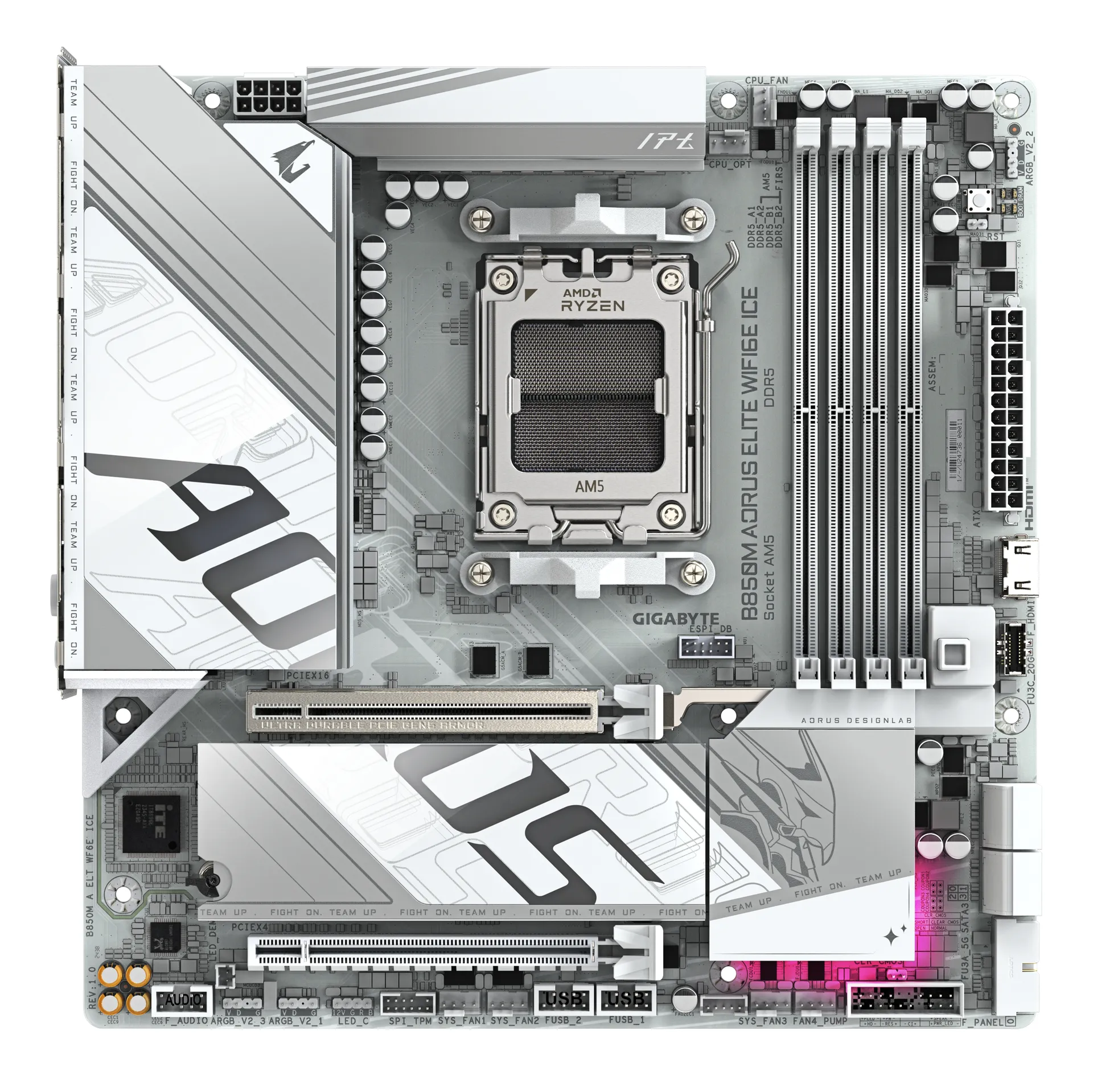 GIGABYTE B850M AORUS ELITE WIFI6E ICE Motherboard - AMD Ryzen 9000 Series CPUs, 12+2+1 Phasen Digital VRM, bis zu 8200MHz DDR5 (OC), 1xPCIe 5.0 + 1xPCIe 4.0 M.2, 2.5 LAN, WIFI 7, USB 3.2 Gen 2 – Bild 2