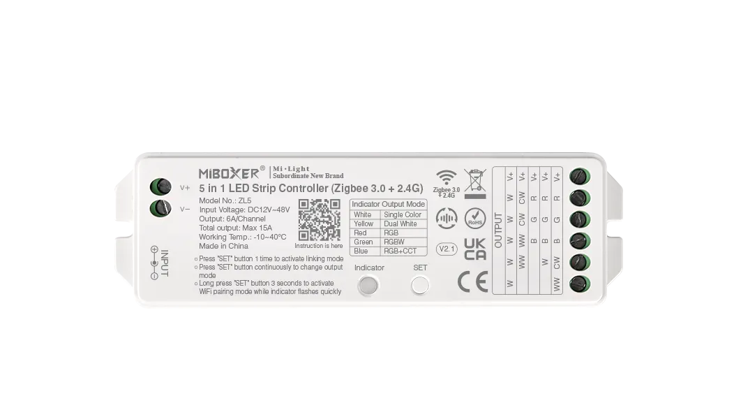 MiBoxer ZL5 LED Controller 5in1 RGB-WW (RGB-CCT) DC12~48V Zigbee 3.0/2.4G MiBoxer ZL5 LED Controller 5in1 RGB-WW (RGB-CCT) DC12~48V Zigbee 3.0/2.4G