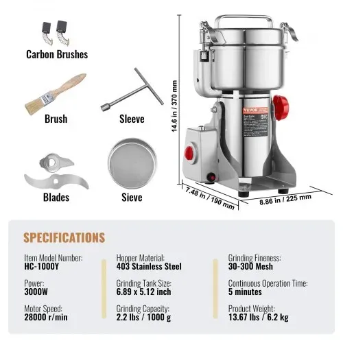 VEVOR Elektrische Getreidemühle, 1000 g, Hochgeschwindigkeits-Gewürzmühle mit 3000 W, gewerbliche Gewürzmühle, Pulverisiermaschine aus Edelstahl, für trockene Körner, Gewürze, Müsli, Kaffee, Mais, Pfeffer, Schwenktyp – Bild 6