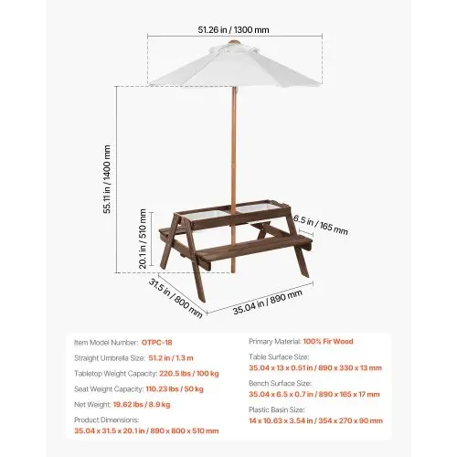 VEVOR Picknicktisch mit abnehmbarem Sonnenschirm & 2 Bänken, Sitzgruppe Strandtisch Outdoor Gartenmöbel aus Holz Terrassen-Essmöbel für 4 Personen für Garten, Hinterhof und Veranda (Walnuss) – Bild 6