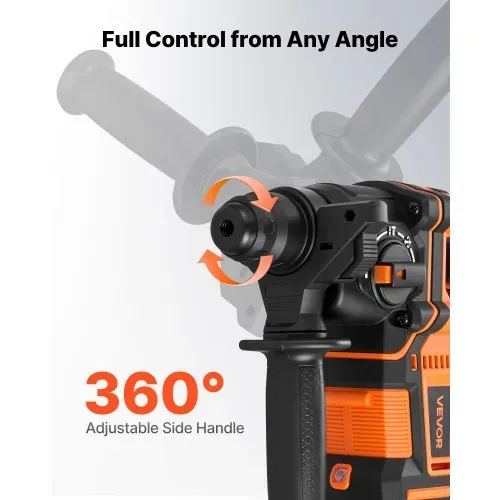VEVOR Akku-Bohrhammer 13/16 Zoll SDS-Plus, 20 V Meißelhammer Bürstenlos mit Ladegerät & 3 Bohrer & Flachmeißel & Spitzmeißel & Transportkoffer, für Beton und Mauerwerk Schwarz Orange – Bild 5