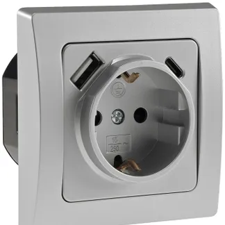 DELPHI Schutzkontakt-Steckdose, silber 230V~/ 16A, Unterputz, USB-C / PD DELPHI Schutzkontakt-Steckdose, silber 230V~/ 16A, Unterputz, USB-C / PD