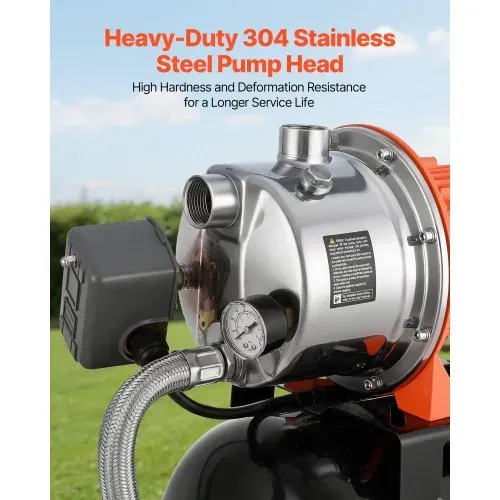 VEVOR Hauswasserwerk 1,6 PS 5000 L/h Flachbrunnenpumpe mit Druckbehälter, für Garten Rasen und Hauswasserversorgung, 49 m Förderhöhe, 8 m Saughöhe, IPX4-Wasserschutz und Manometer zur Druckkontrolle – Bild 4