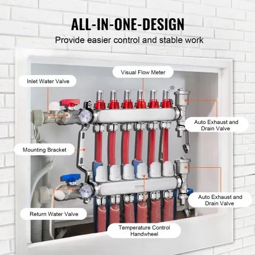 VEVOR 6-Zweig-Wärmeverteilungsverteiler, 1/2-Zoll-PEX-Rohrverteiler, Edelstahl-PEX-Verteiler für hydronische Fußbodenheizung, Wärmeverteilungs-PEX-Verteilersatz mit 1/2-Zoll-Adaptern im Lieferumfang enthalten – Bild 3