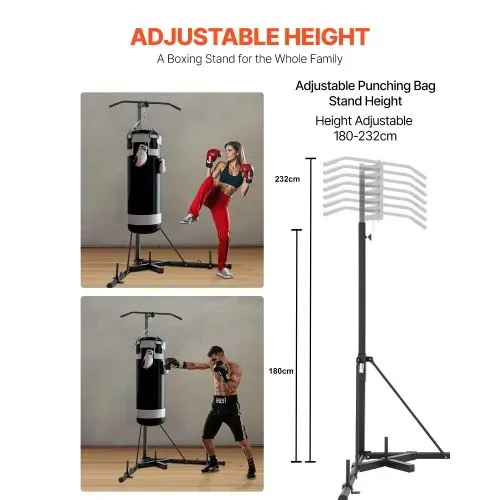 VEVOR 2 in 1 Boxsackständer Trainingsgerät Sandsackgestell aus Stahl, höhenverstellbare Boxsackhalterung mit Klimmzugstang (65 kg belastbar), freistehendes Fitnessgerät für Fitness-Studio Schwarz – Bild 2