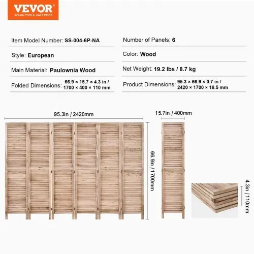 VEVOR Raumteiler Paravent aus Holz 6-teiliger faltbarer Sichtschutz, 242 cm langer Raumteiler, tragbarer Dekorationsschirm zur Raumtrennung mit europäischem Still für Zuhause Restaurant Schlafzimmer – Bild 6