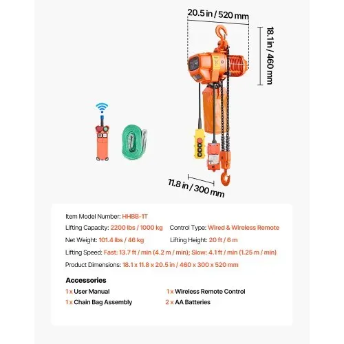 VEVOR Elektrischer Kettenzug 1000 kg, 6 m Hubhöhe, 3-Phasen-Brückenkran mit 100 m Funk- & 4,5 m Kabelfernbedienung, G80-Doppelkette, Elektrokettenzug für Fabriken, Lagerhallen & Garagen – Bild 6