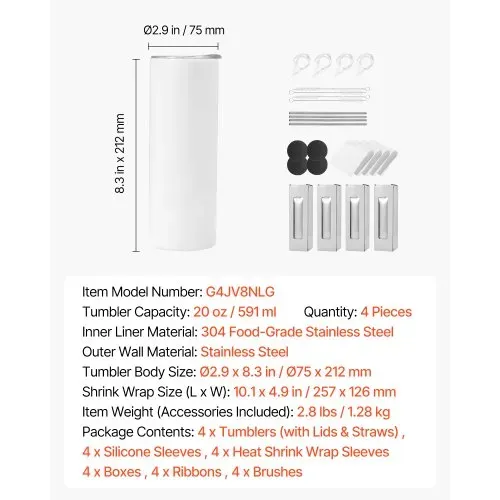 VEVOR Sublimationsbecher 4 Stk. (591 mL), Sublimationstumblers aus Edelstahl mit Deckeln & Strohhalm, Doppelwandige Isolierte Sublimationsrohlinge für Individuelle DIY-Gestaltung Geschenke – Bild 6