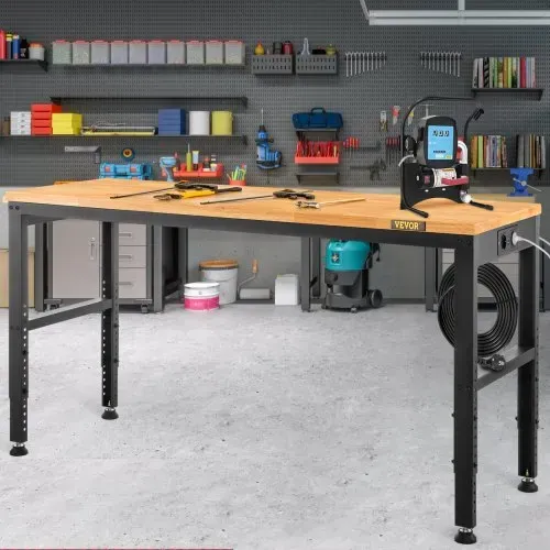 VEVOR Höhenverstellbare Werkbank 183x64x72-97cm Spanntisch, 900 kg Gewichtskapazität Arbeitstisch, Braun Klappbare Werkzeugbank aus Kaltgewalzter Stahl, Multifunktionswerktisch für Lager & Büro – Bild 7