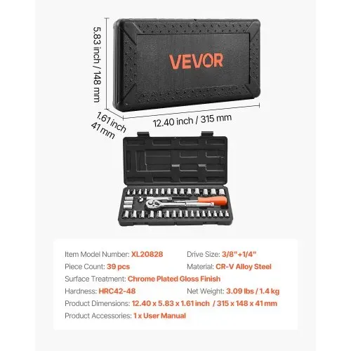 VEVOR Steckschlüsselsatz 39-tlg. 9,5 & 6,4 mm Antriebssteckschlüssel und Ratschensatz, SAE- und metrische Größe, mit Ratschenschlüssel Zubehör Tragkoffer, CR-V-Legierungsstahl – Bild 6