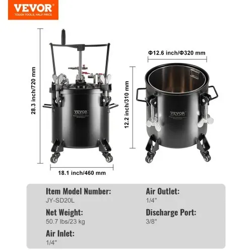VEVOR Druckbehälter für Sprühfarbe, 20 L Druckbehälter, 70 psi einstellbarer Druck, Druckbehälter-Farbbehälter mit Rollen und Dichtmittel zur Leckreparatur, für Heimdekoration und Industrielackierung – Bild 6