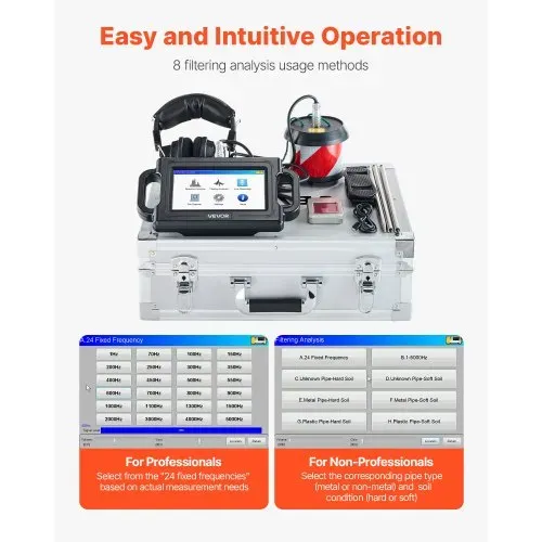 VEVOR Rohr-Wasserleckdetektor, 1 Hz–5000 Hz, 7-Zoll-Touchscreen, Lecksuchgerät für Rohrleitungen mit 2 m Tiefe – mit Sensor, 3 Abhörstäben, Kopfhörer, 8-GB-Karte und Tragetasche – Bild 4