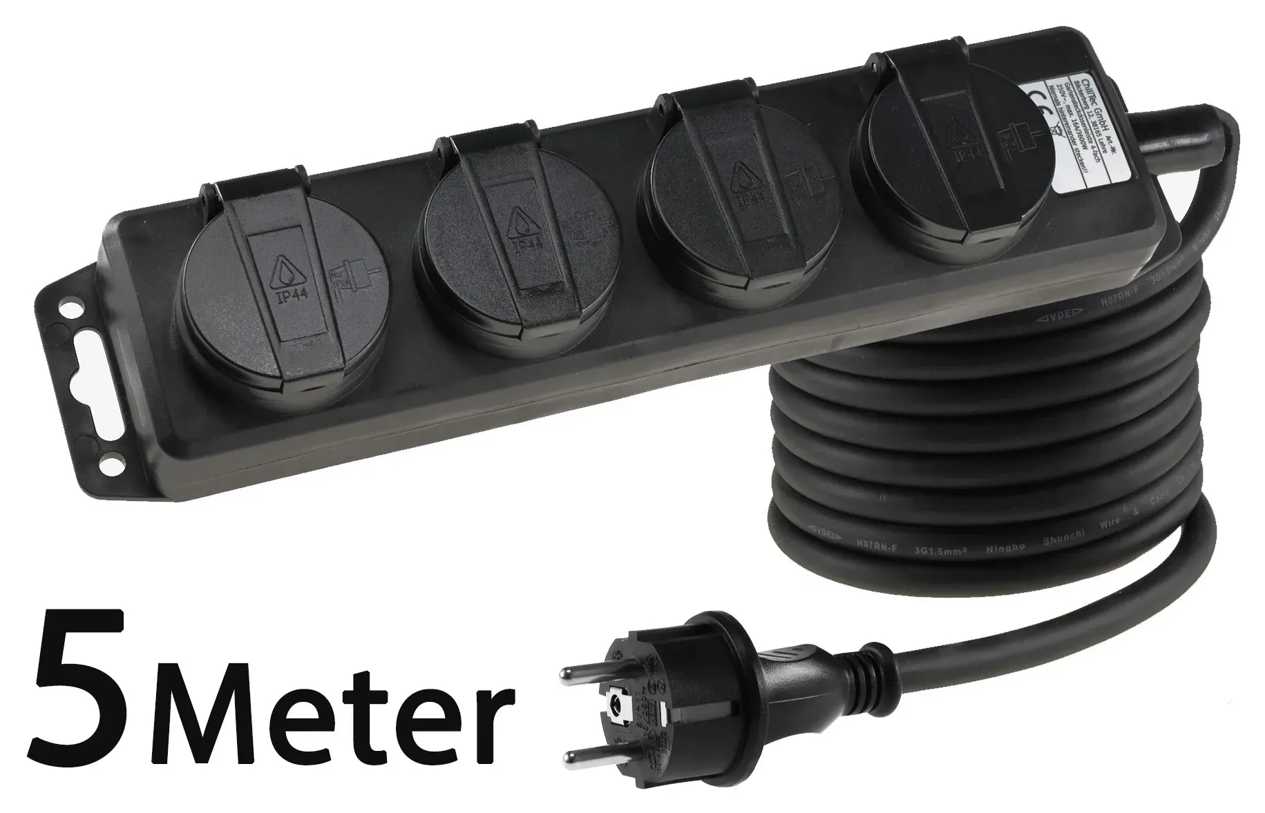 Gartensteckdosenleiste für Außen, 4-fach IP44, H07RN-F 3G1,5mm², Zuleitung 5m Gartensteckdosenleiste für Außen, 4-fach IP44, H07RN-F 3G1,5mm², Zuleitung 5m
