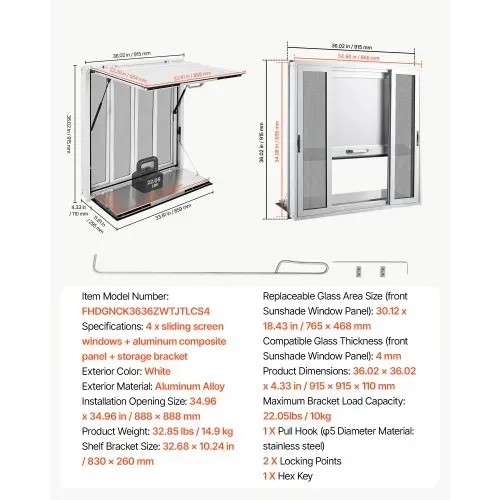 VEVOR Verkaufsfenster für Foodtrucks 915 x 915 x 110 mm Aluminiumlegierung, Konzessionsfenster Regenschutz, bis 85° Aufklappbar, Klappbarer Ablage, mit 4 Verschiebbaren Fliegengittern und Schlepphaken – Bild 6
