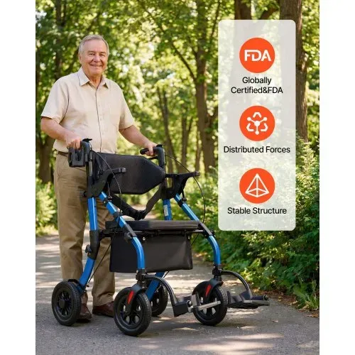 VEVOR 2-in-1 Rollator Faltbar mit Sitz, Leichter Gehwagen mit Reifen, Gehhilfe bis 136 kg mit Rückenlehne Tasche Gehstockhalter, Höhenverstellbare Laufhilfe mit Feststellfunktion für Senioren, Blau – Bild 7