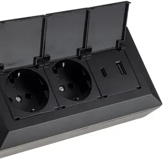 2-fach Steckdosenblock, USB-A+C, schwarz 250V~/ 16A, USB 3,1A, PD, mit Klappen 2-fach Steckdosenblock, USB-A+C, schwarz 250V~/ 16A, USB 3,1A, PD, mit Klappen