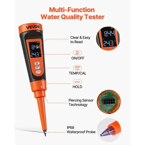 VEVOR pH-Meter für Lebensmittel, Messbereich 0–14, Wasserdichte Sonde (IP68), Messgerät mit Automatischer Temperaturkompensation, Kalibrierpulver, für Lebensmittelfermentation, Teig & Fleisch – Bild 3