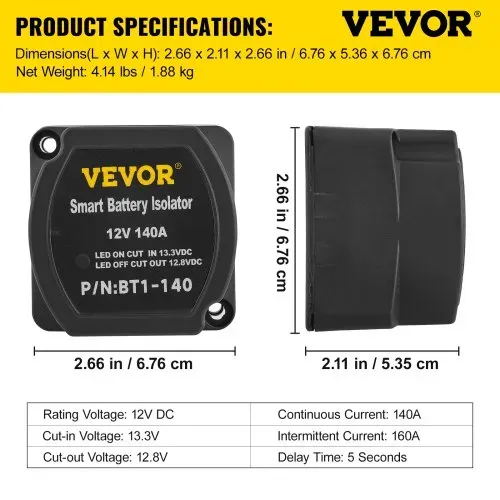 VEVOR Doppelbatterie Trennrelais 12 V Split Charge Kit, 140 A spannungsempfindliches Relais Set -30-105 ℃, automatisches Ladegerät & 2 m Kabel Set für Lastwagen, Wohnmobil, Werkstatt, Auto & Schiff – Bild 6