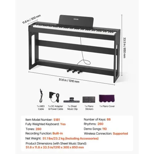 VEVOR Digitalpiano, 88 Tasten vollgewichtet anschlagdynamisch, E-Piano mit Möbelständer, Netzadapter, Dreifachpedal, Aufnahmefunktion, 280 Töne, Kabellose Verbindung, für Anfänger, Schwarz – Bild 6