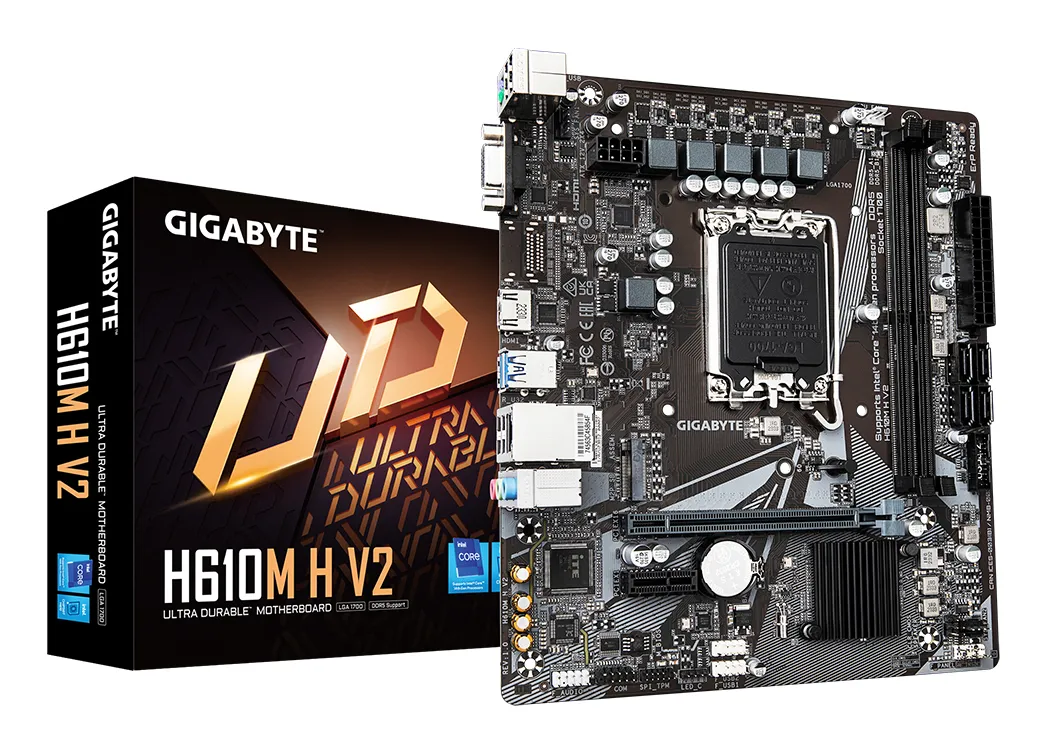 GIGABYTE H610M H V2 Mainboard – Unterstützt Intel Core Prozessoren 14th CPUs, 4+1+1 Hybrid Digital VRM, up to 5600MHz DDR5, 1xPCIe 3.0 M.2, GbE LAN, USB 3.2 Gen 1 GIGABYTE H610M H V2 Mainboard – Unterstützt Intel Core Prozessoren 14th CPUs, 4+1+1 Hybrid Digital VRM, up to 5600MHz DDR5, 1xPCIe 3.0 M.2, GbE LAN, USB 3.2 Gen 1