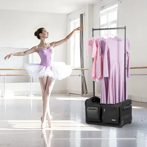 VEVOR Tanztasche mit Kleiderständer, 620x450x380 mm Rollkoffer, mit Rollen, USB-Anschluss, höhenverstellbarer Kleiderstange & Sichtschutzvorhang, ideal für Reisen & Wettkämpfe, Mattschwarz – Bild 7