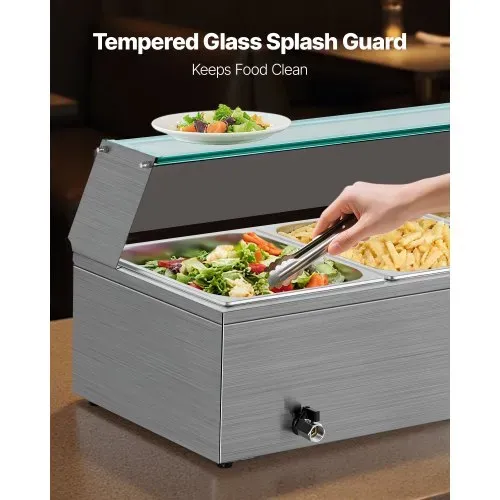 VEVOR kommerzieller Speisenwärmer (3 x 1/2 Größe Behälter), 1,5 kW elektrischer Wärmebehälter aus Edelstahl mit Glasabdeckung & Suppenkelle, Chafing Dishes für Catering Restaurant Party – Bild 3
