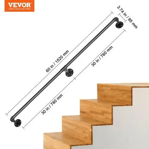 VEVOR 2 Stk. Retro Wasserrohr Handlauf 152cm Industrieller Geländer Schutzbügel Kohlenstoffstahl Mattes Finish Handlauf Rustikal 200 kg Tragfähigkeit Geeignet für Handläufe im Innen-/Außenbereich – Bild 6