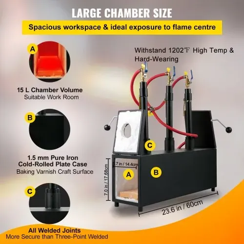 VEVOR Gas schmiedeofen 1350 °C, Brenner Schmiede 15 L, Schmiedeofen drei Brenner Zweitürig Auskleidung mit Aluminiumsilikatfaser, Metallschmiede Max. Leistung 230,4 kWh / 786.000 BTU, Gasdruckregler – Bild 3
