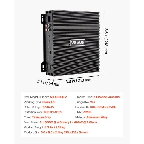 VEVOR Autoverstärker 2-Kanal, Endstufe Klasse AB Überbrückbar, Max. 2 x 300 W an 4 Ohm / 2 x 600 W an 2 Ohm, Hochleistungsverstärker für SUVs Pickups Geländewagen Mehrkanal-Audioverstärker – Bild 6