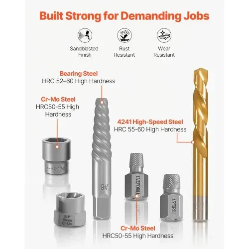 VEVOR Bolzenausdreherset mit Bohrern 65 tlg. Schraubenausdreher mit Adaptern & Stabilem Aufbewahrungskoffer (Schwarz), Schraubenlöser aus Cr-Mo-Stahl zum Entfernen von Bolzen & Muttern & Schrauben – Bild 2