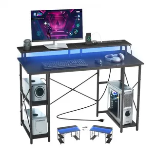 VEVOR Computertisch Bürotisch Schreibtisch mit intelligenten LED-Leuchten & Steckdosen, Arbeitstisch mit Monitorständer & 2-stufigen Lagerregalen, Arbeitszimmer Wohnzimmer Homeoffice Schwarz VEVOR Computertisch Bürotisch Schreibtisch mit intelligenten LED-Leuchten & Steckdosen, Arbeitstisch mit Monitorständer & 2-stufigen Lagerregalen, Arbeitszimmer Wohnzimmer Homeoffice Schwarz