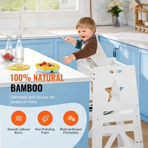 VEVOR Tritthocker Kinder 158,9 kg Gewichtskapazität Trittschemel 844 x 553 x 482 mm Hocker Kiefernholz Bambus höhenverstellbar von 328 bis 520 mm Lernturm Kinderschemel Trittschemel Kinderhocker Weiß – Bild 2
