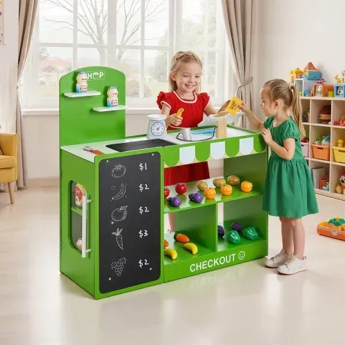 VEVOR Kaufmannsladen-Spielset, Holzspiel 35-teilig, Kinder-Supermarkt-Spielladen mit Einkaufstasche, Förderband, Scanner, Registrierkasse, realistischer Obst und Gemüse, für Kinder ab 3 Jahren – Bild 7